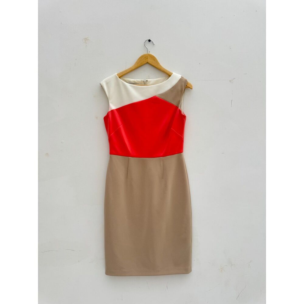 Maggy London Size 8 Colorblock Sheath Dress Red Taupe Cream Career Cocktail